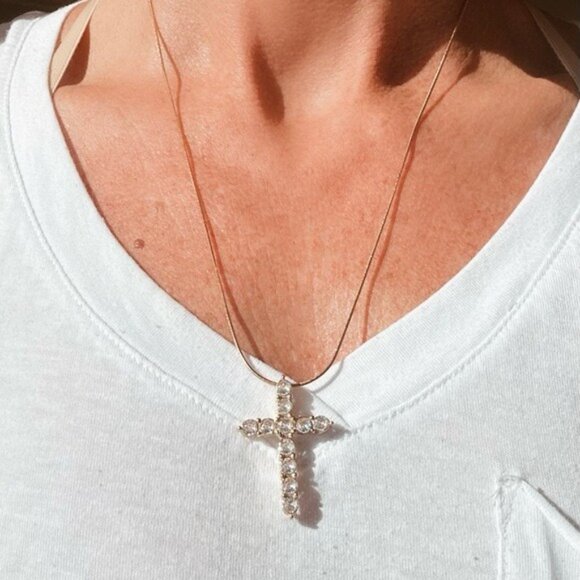 Gold Cross Necklace Waterproof CZ Diamond Pendant  Dainty Snake Chain WATERPROOF - Picture 3 of 14